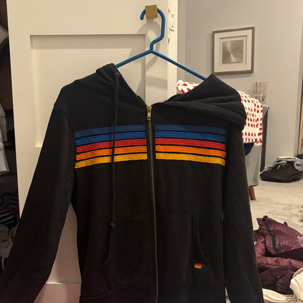 Aviator Nation Black Hoodie with Rainbow Stripes